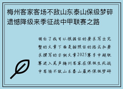 梅州客家客场不敌山东泰山保级梦碎遗憾降级来季征战中甲联赛之路